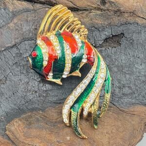 Tropical Fish Brooch Red and Green Enamel with clear Rhinestones Fish Brooch